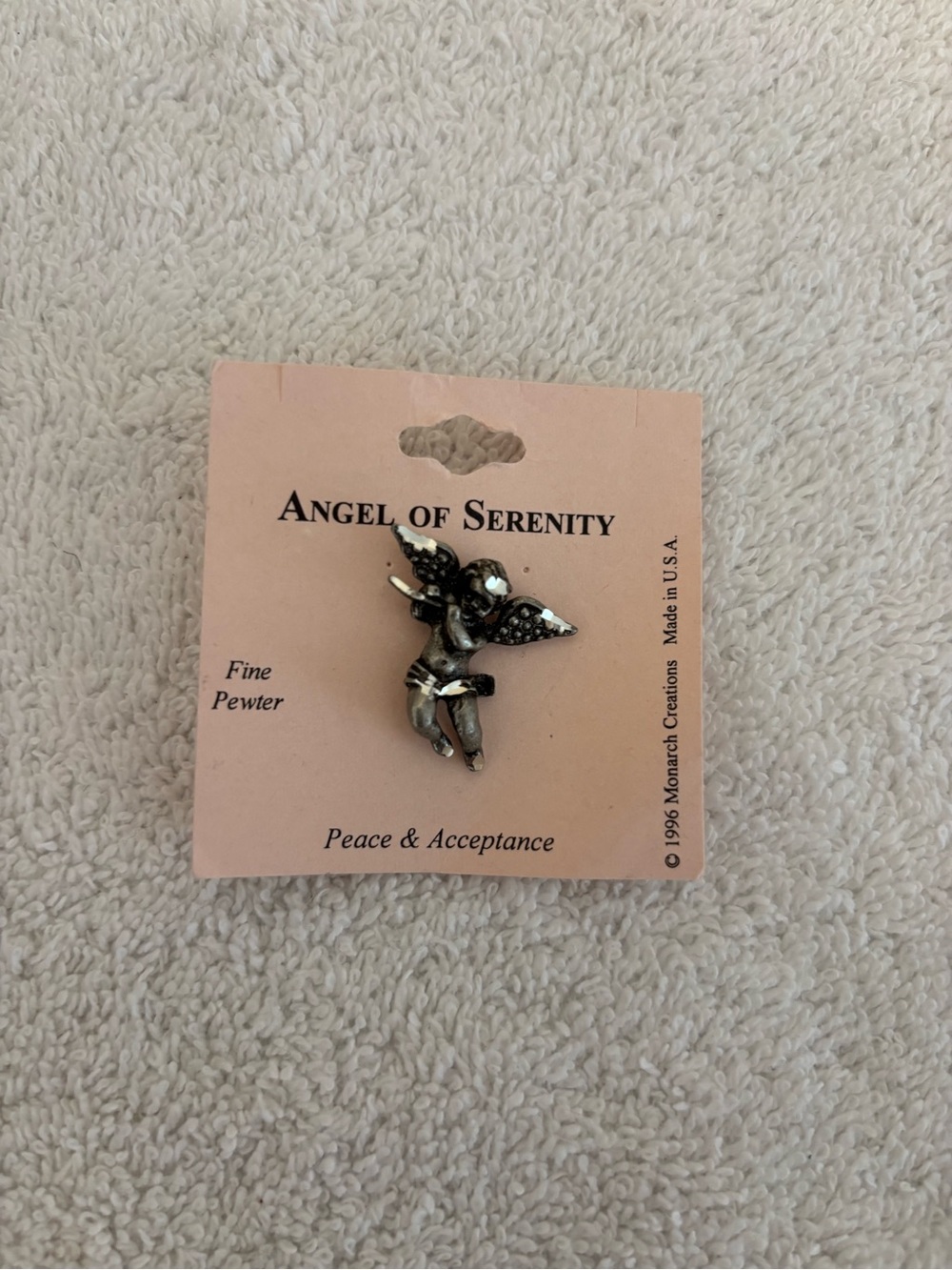 New vintage 1996 fine pewter Angel of serenity pin